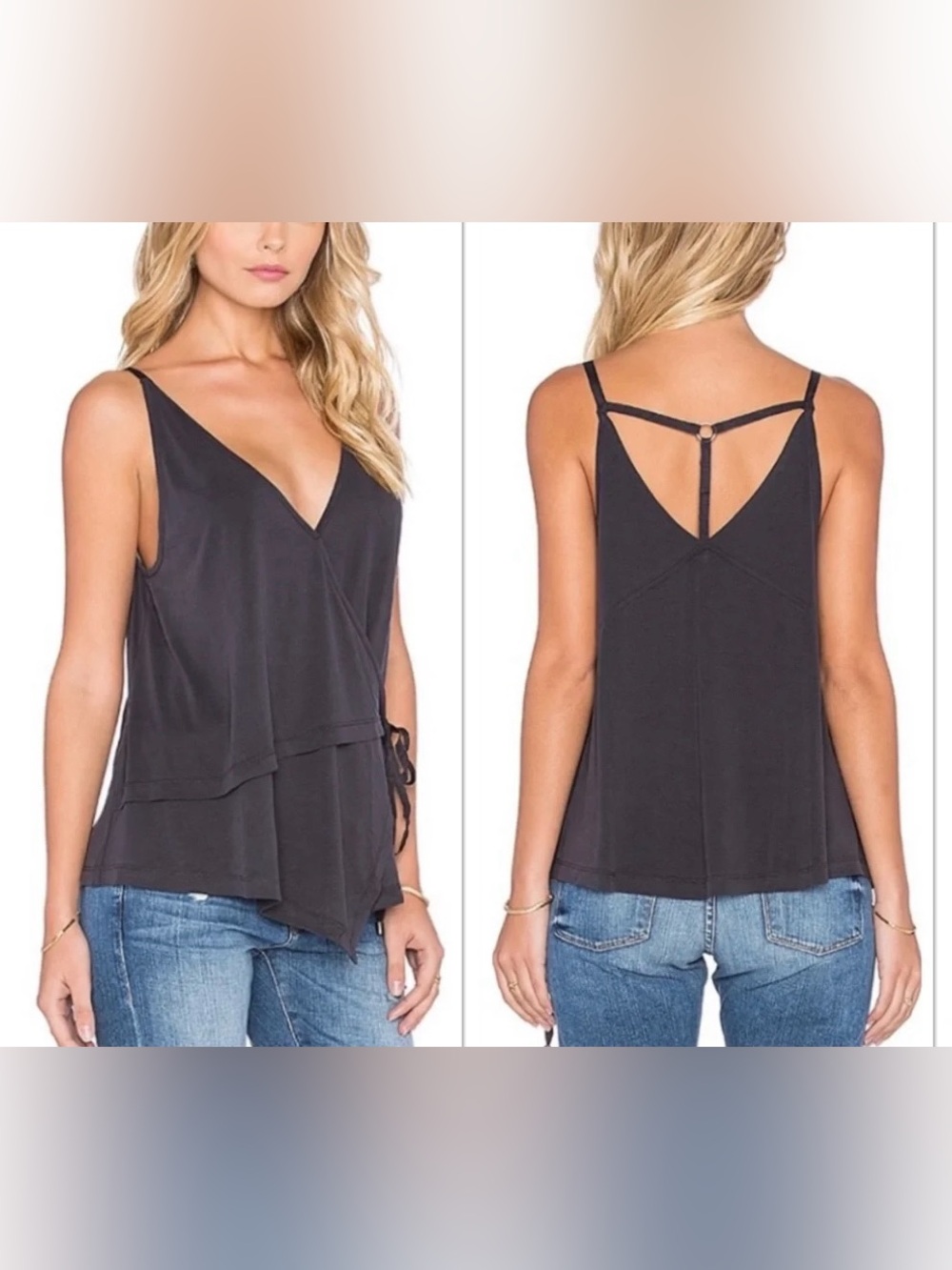 Free People Babetown Tie V Neck Tank Black Women Size Large NWT
